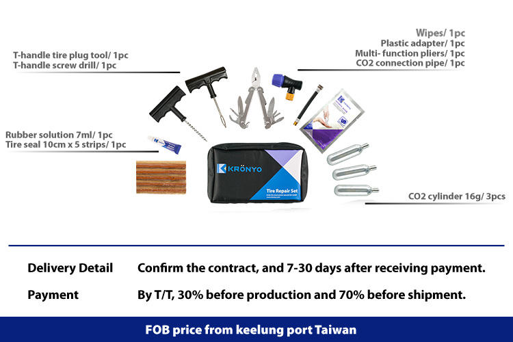 tire puncture repair kit with CO2 gas cylinder attach wet wipes