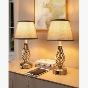 46CM Metal USB Lamp Set Grey Linen Shade