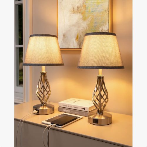 46CM Metal USB Lamp Set Grey Linen Shade