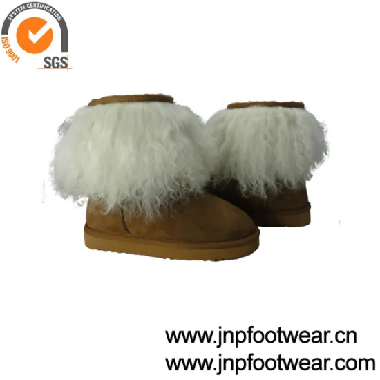 Genuine leather fur boots women with lamb fur collar