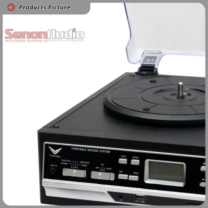 Retro Wooden Turntable with CD, USB, MP3, Cassette, and Radio Player