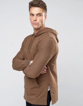 2016 Hot Sale Custom With Hood Longline Side Splits Brown Men's Lightweight 100% Organic Cotton Casual Pullover Blank Hoodies