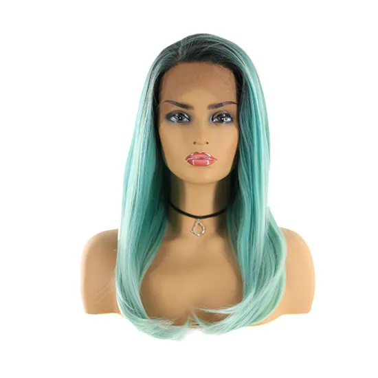 Synthetic Lace Front Wigs Free Part Dark Root 1B/Green High Temperature Fiber Straight Wig For Black Women