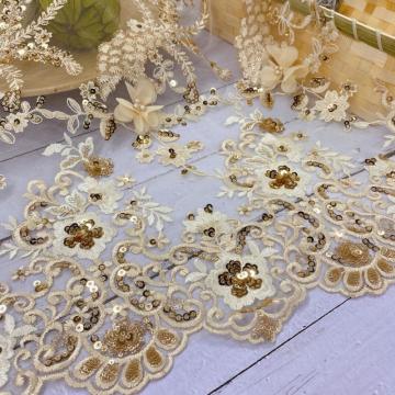 Yellow Chiffon Laser  Bead Sequin Embroidery Fabric