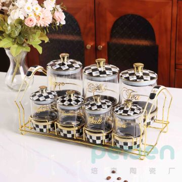 Black and White Plaid Pattern Luxury Glass Jar Storage Set with Ceramic Lids