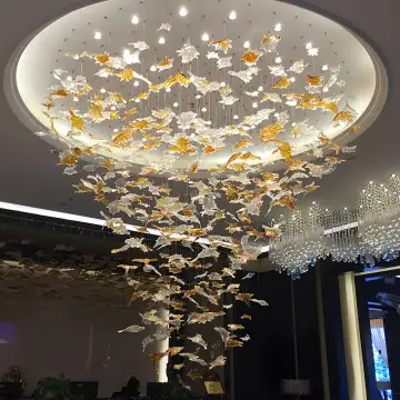 Golden Maple Leaves Crystal Pendant Lighting with White LED Body and Steel Structure: A High-Quality Decorative Mast Light from China