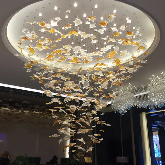 Golden Maple Leaves Crystal Pendant Lighting with White LED Body and Steel Structure: A High-Quality Decorative Mast Light from China