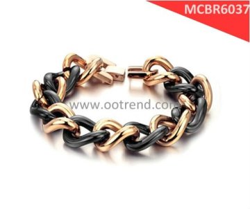 Perfect matching rose gold stainless steel curb chain with bright black ceramic bracelets for lady