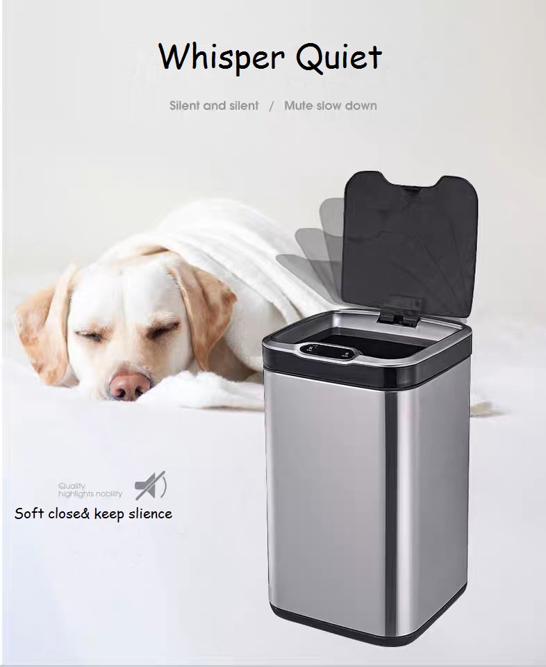 Whisper quiet soft close sensor trash can