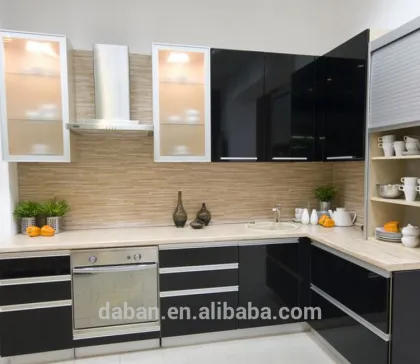 High gloss Guangzhou black painting kitchen cabinets design with kitchen island