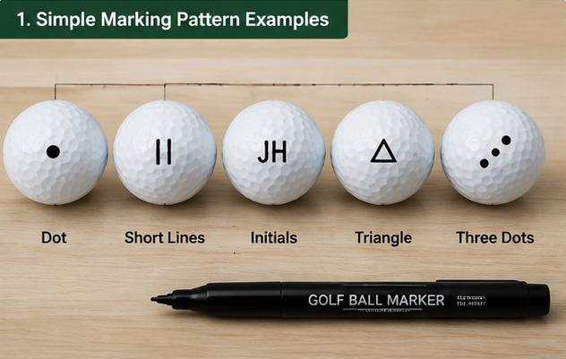Five simple golf ball marking patterns including dots, lines, initials, and geometric shapes