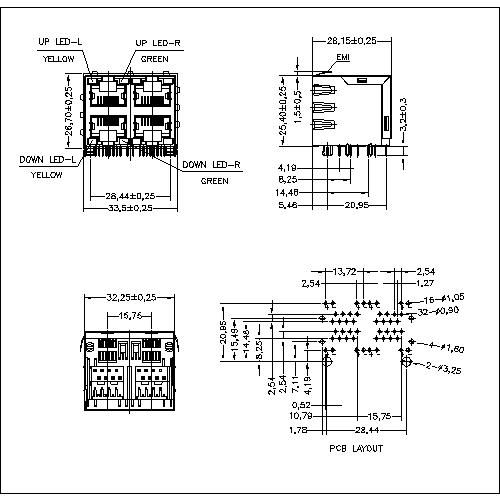 ATRJ5922-8P8C-X-C-H-C RJ45 Jack Side Entry Shielded 2x2P With LED With EMI