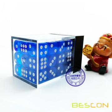 Bescon 12 mm 6 faces en tranches 36 en brique Box, 12 mm à six côtés (36) Bloc de dés, bleu translucide avec pips blancs