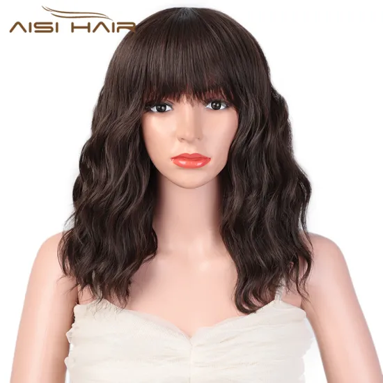 Aisi Hair Wholesale Top Quality Brown Short Bob Wig With Neat Bangs Synthetic Short Curly Wave Wigs For Black Women