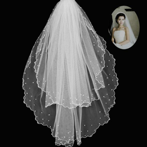 Fantastic Floral Edge Double Layers Wedding Veil With Pearl 