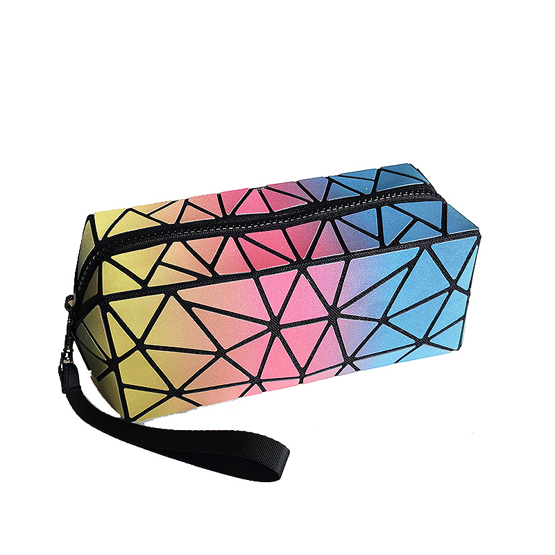 High quality bulk custom logo rainbow color PU geometric travel cosmetic bag for makeup