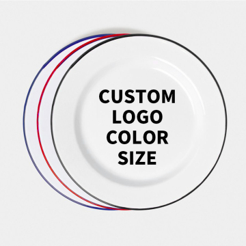Wholesale Custom Size Vintage Matte White Camping Enamel Dinner Plates with Black Rim