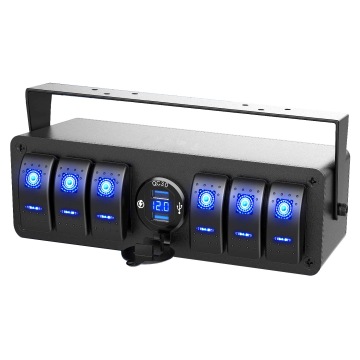 6 Gang Rocker Switch Box with USB QC 3.0 Charger and Voltmeter