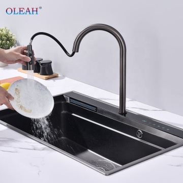 Smart Küchenspüle mit 304 Edelstahlkonstruktion, großem Einzelbecken und Wasserfallarmatur