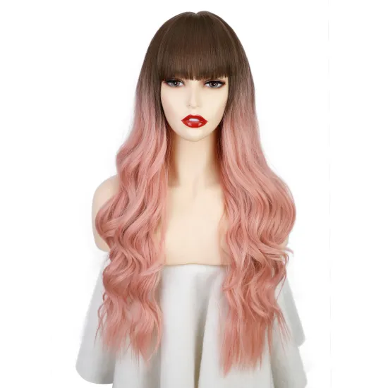Vigorous Long Wavy Style Wigs For Women Synthetic Ombre Brown To Pink Color Wigs With Dark Brown Bangs Heat Resistant Fiber