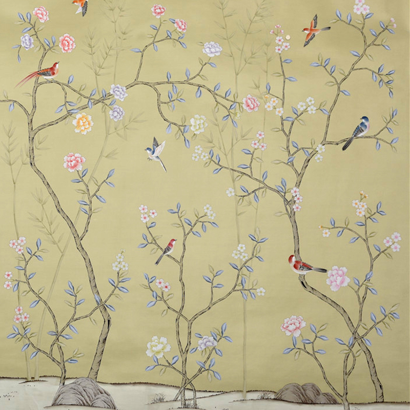 Elegant-beige-silk-fabric-hand-painted-wallpaper