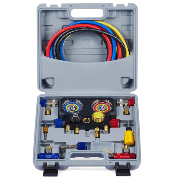 4 Way AC Gauges with Hoses R1234yf R134a Quick Couplers for Freon Charging