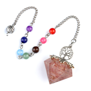 Strawberry Quartz Chip Stone Resin Silver Diamonds Pendant & Pendulum 7 Chakra Chain