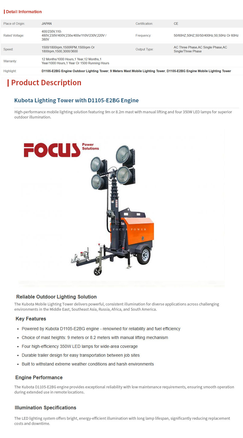 Outdoor-Use-Kubota-Mobile-Lighting-Tower-With