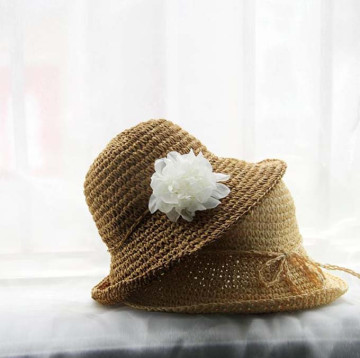 infant kids children wholesale plain raffia straw cloche hat with flower