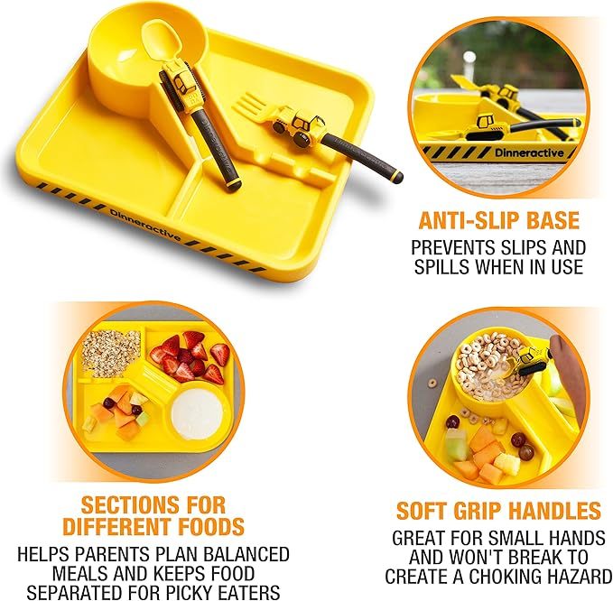 Dinneractive Dining Set for Kids - 3 Piece Construction Themed Toddler Utensils & Toddler Plates - Toddler Forks and Spoons - Ki