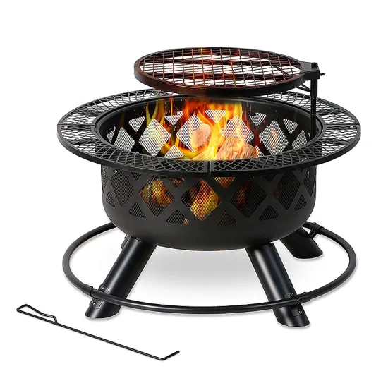Black Steel Wood Burning Fire Pit with Adjustable Grill Top for Outdoor Cooking