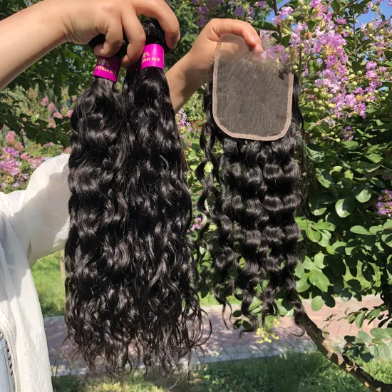 Thick Bottom Human Hair 10A Hair Weft, Water Wave 8-30 Inch Wet And Wavy Bundles With Closure