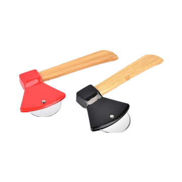Hot Sale Kitchen Restaurant Tool: Axe Pizza Cutter with Bamboo Handle and Sharp Rotating Stainless Blade