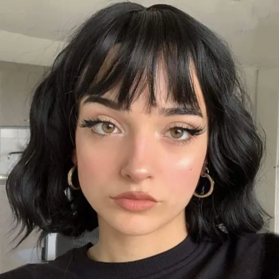 Hair Wavy Bob Wigs with Bangs for Women Black Color Short Wavy Bob Curly Synthetic Wig Natural Looking Heat Resistant Fiber Hair