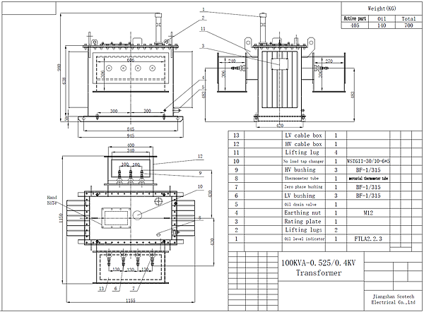 100kva distribution transformer drawing