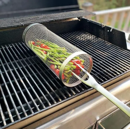 Stainless Steel BBQ Grilling Rolling Basket with Wire Mesh Cylinder