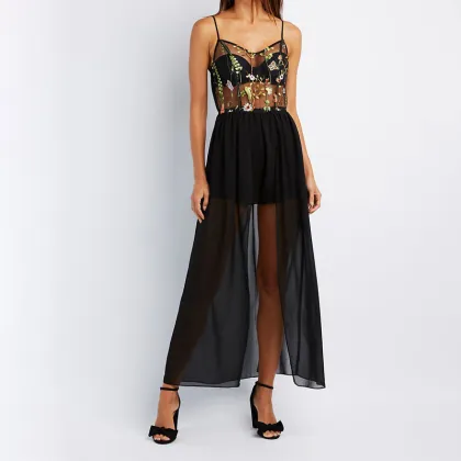 Spaghetti Strap Embroidered Layered Maxi Romper fashion Maxi Dress Women