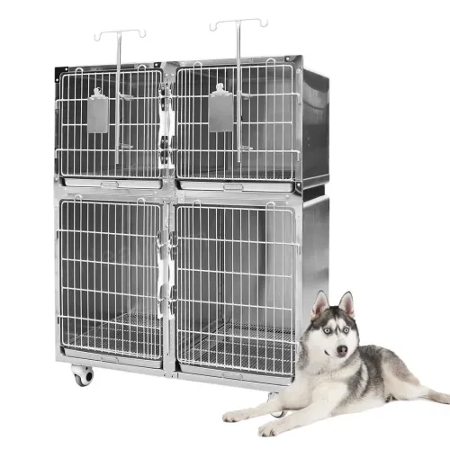Animal Veterinary Pet Cages Stainless Steel Vet Cat Cage with Wheels and Tray Oxygen Cage