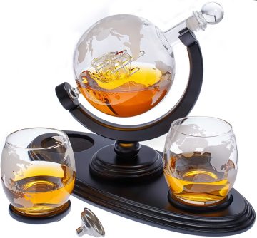Globe Whiskey Decanter Set with 4 Etched Glasses