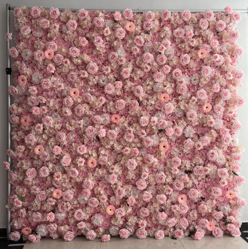 Décoration de scène de mariage avec toile de fond de mur de fleurs roses