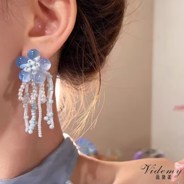 Blue and Pink Crystal Flowing Fringe Flower Earrings