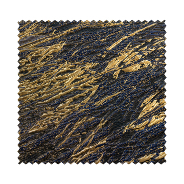 Blue-Gold Jacquard Brocade Fabric with Glitter and Pleated Silhouette