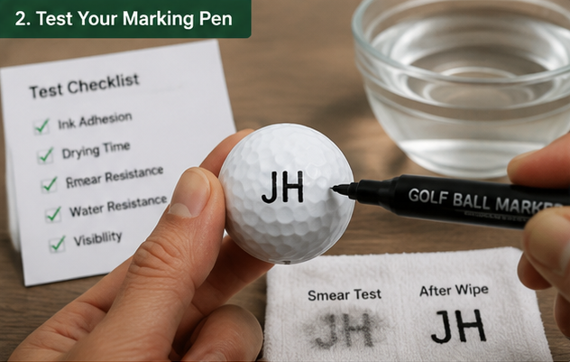 Golf ball marking pen being tested on practice ball for ink adhesion and smear resistance