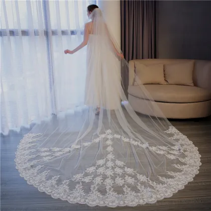 Wholesale Luxury White Wedding Veil - Two Layer Lace Cathedral Bridal Veil
