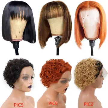 Cheap pixie cut human hair wig, colored short bob bangs human hair wig, bob fringe bang wig machine made fringe human hair wig