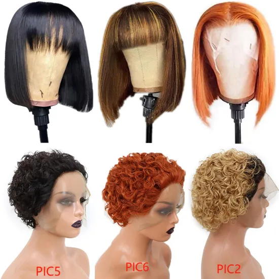 Cheap pixie cut human hair wig, colored short bob bangs human hair wig, bob fringe bang wig machine made fringe human hair wig