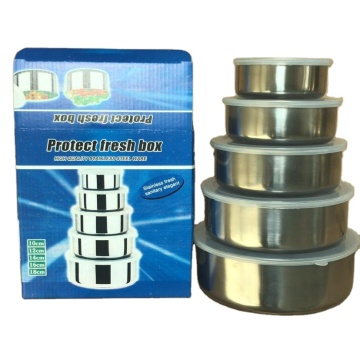 High-Quality Polishing Stainless Steel 5pc Freshness Preservation Bowl Set with Sealing Covers & Gift Box