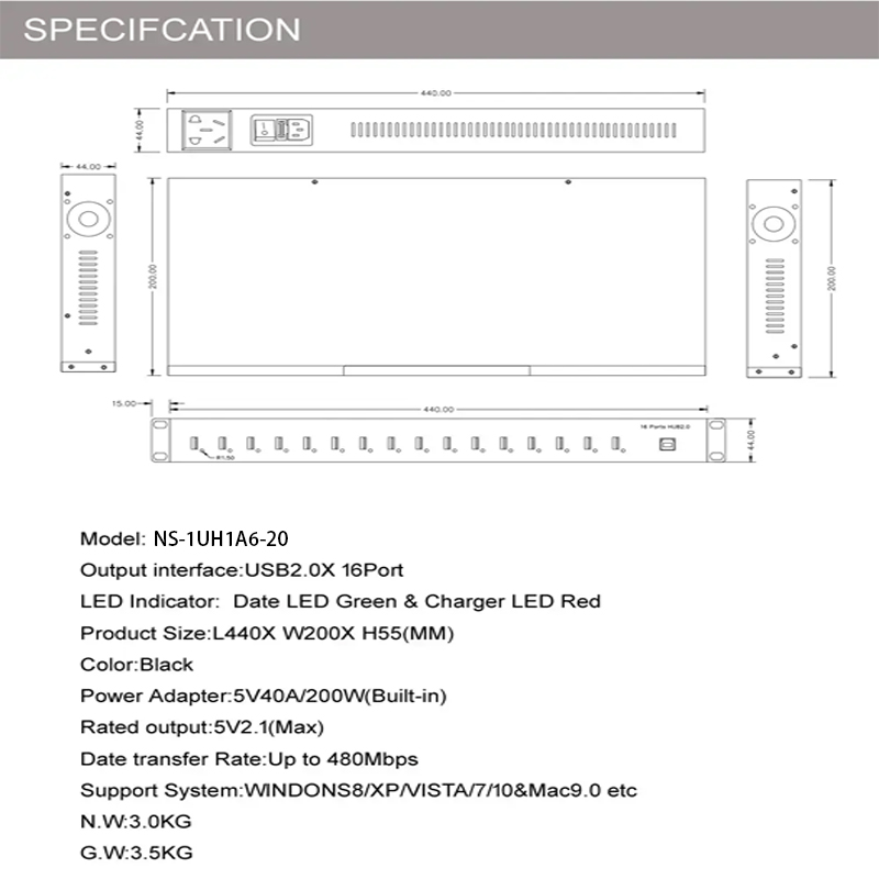 Plane drawings and parameters -16 Port USB-A Hub 2.0 Plane drawings and parameters -16 Port USB-A Hub 2.0