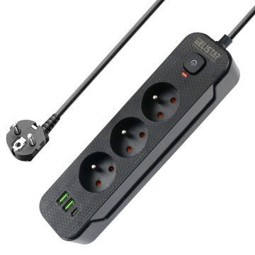 Französische Leistungsstreifen mit Überlastschutz, 3 Wege, 2USB + 1TYPE C