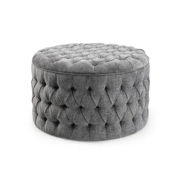 Red Velvet Tufted Cube Pouf Ottoman and Round Chesterfield Ottomans